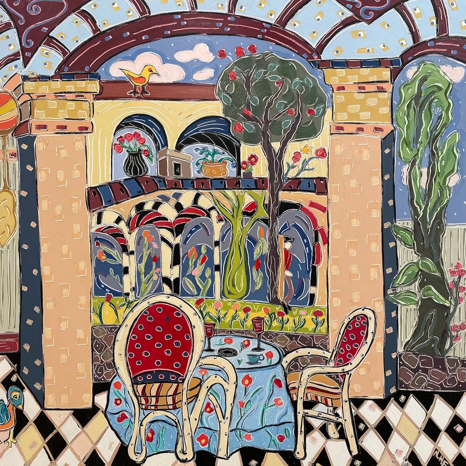 Al Fresco Dining in Opulent Courtyard. Title - Lunch in the Courtyard - Fauvist Painting by Nan Hass Feldman