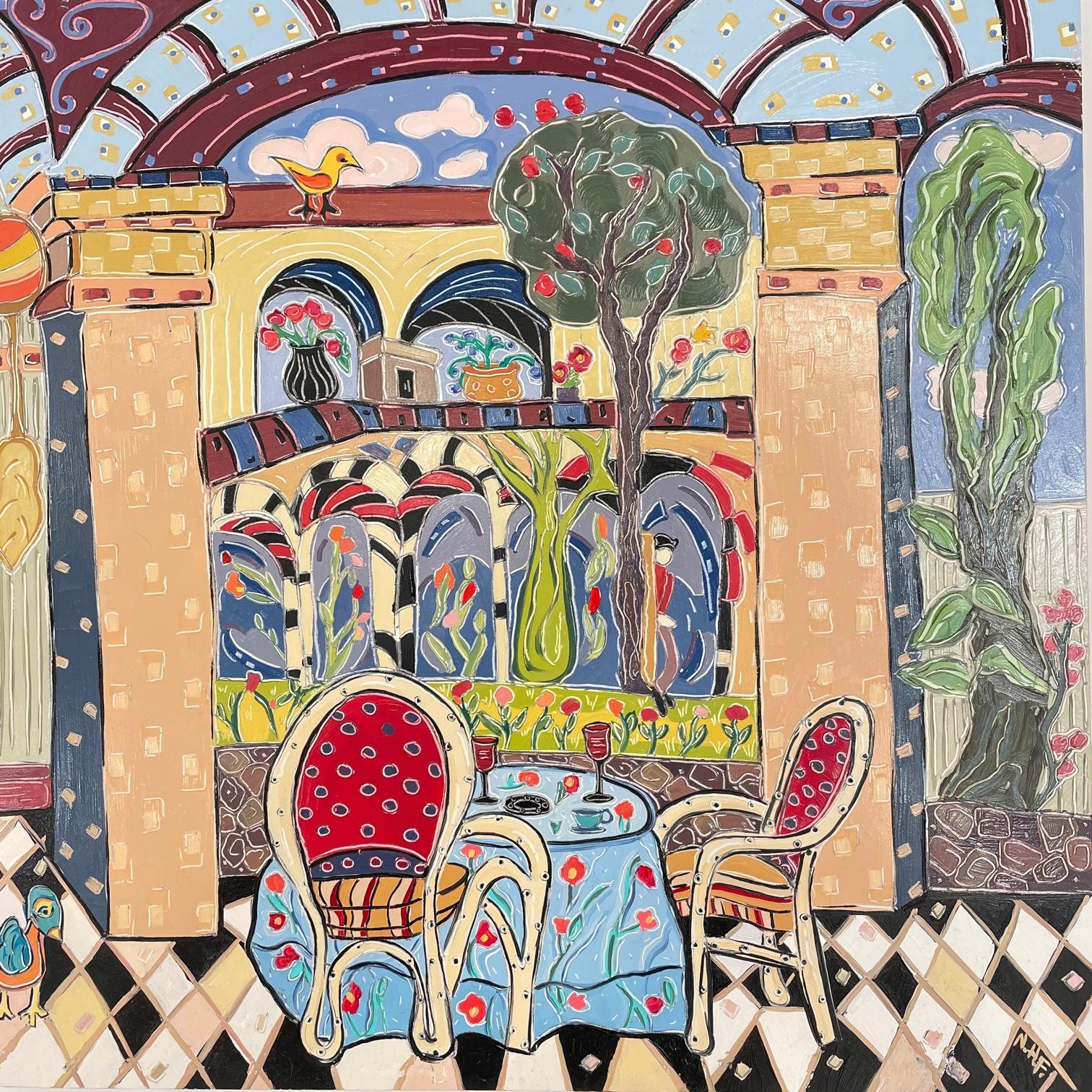 Nan Hass Feldman Interior Painting - Al Fresco Dining in Opulent Courtyard. Title - Lunch in the Courtyard