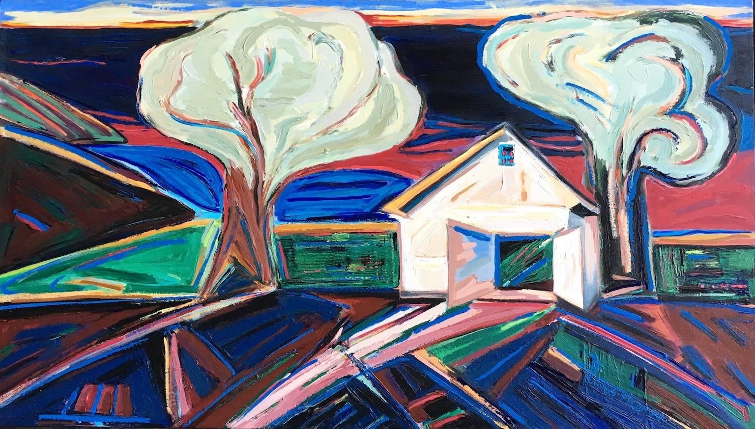"Boat House", expressionist, landscape, blues, greens, reds, acrylic painting - Painting by Nan Hass Feldman