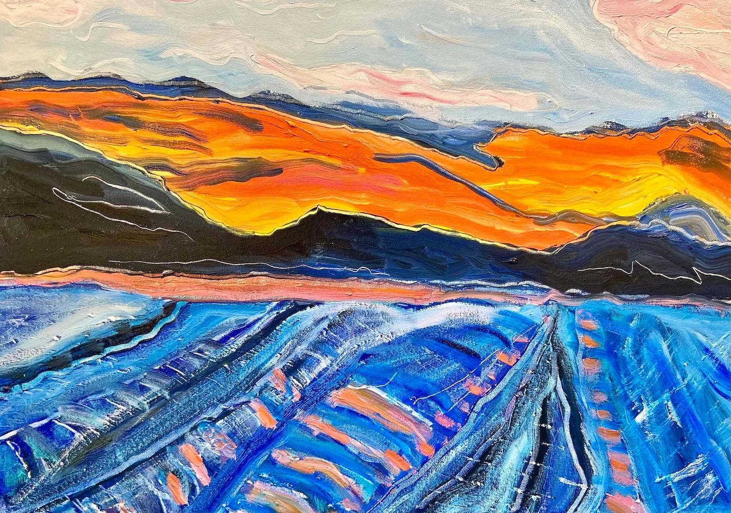 Nan Hass Feldman Landscape Painting - "Burning Sky", contemporary, landscape, Glacier Bay, Alaska, blues, oil painting