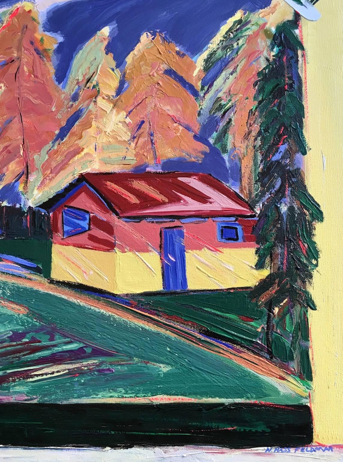 acrylic painting cabin in the woods