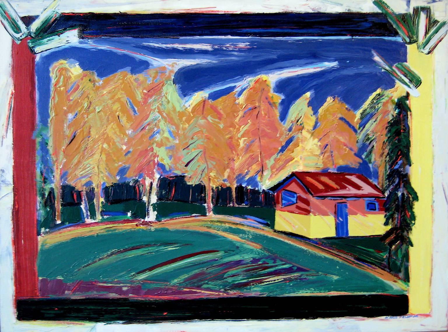 "Cabin in the Woods", paysage, arbres, champs, rouges, bleus, peinture à l'acrylique