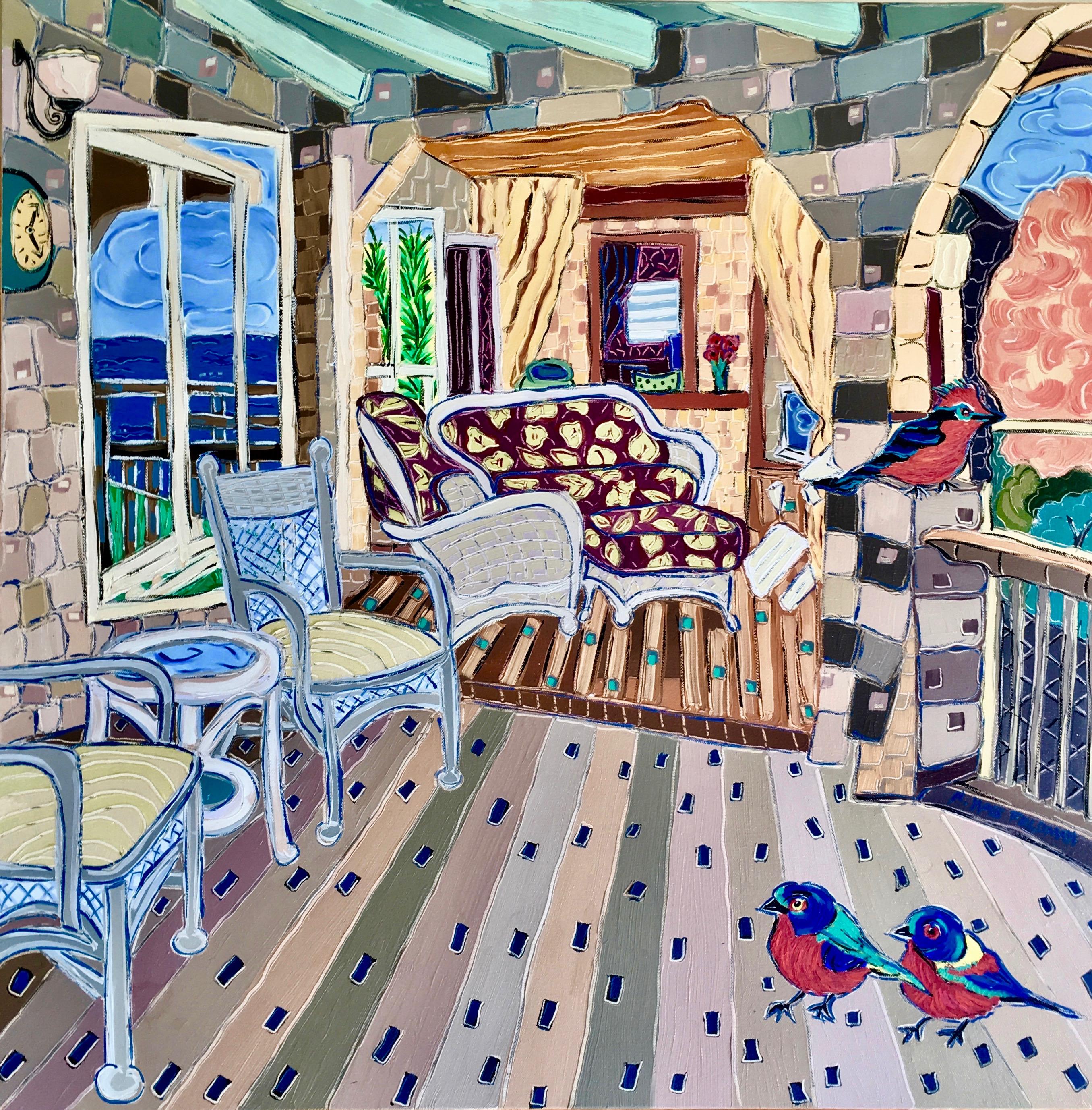 "Cecil and the Twins Relax on the Deck", oil painting, interiors, pinks, blues - Painting by Nan Hass Feldman