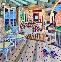 "Cecil and the Twins Relax on the Deck", oil painting, interiors, pinks, blues