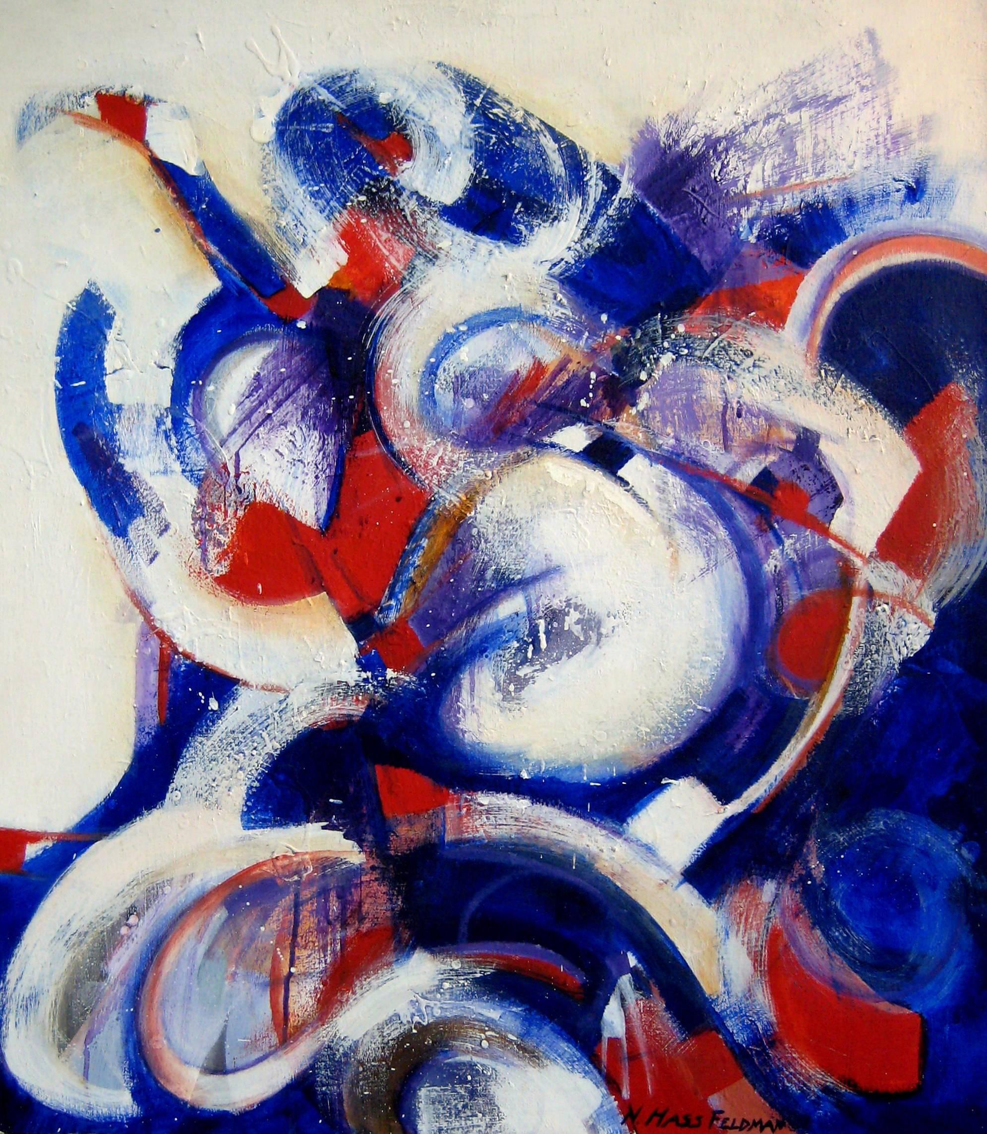 Abstract Painting Nan Hass Feldman - « Celebration », peinture abstraite, rouge, blanc, bleue, audacieuse, acrylique