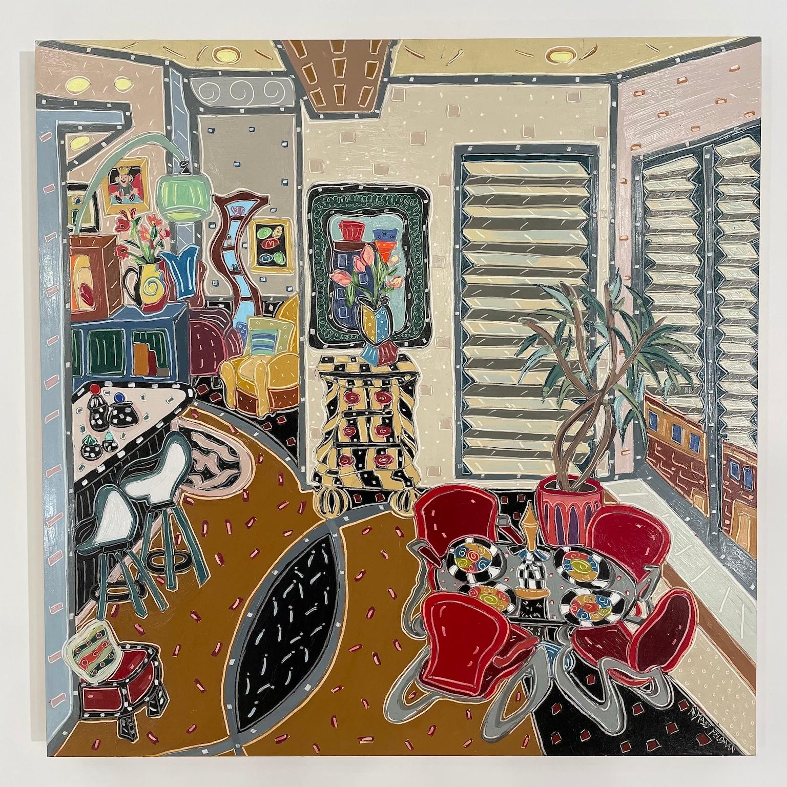 Colorful Apartment Interior with Venetian Blinds. Title - Pied-á-Terre in Boston - Fauvist Painting by Nan Hass Feldman