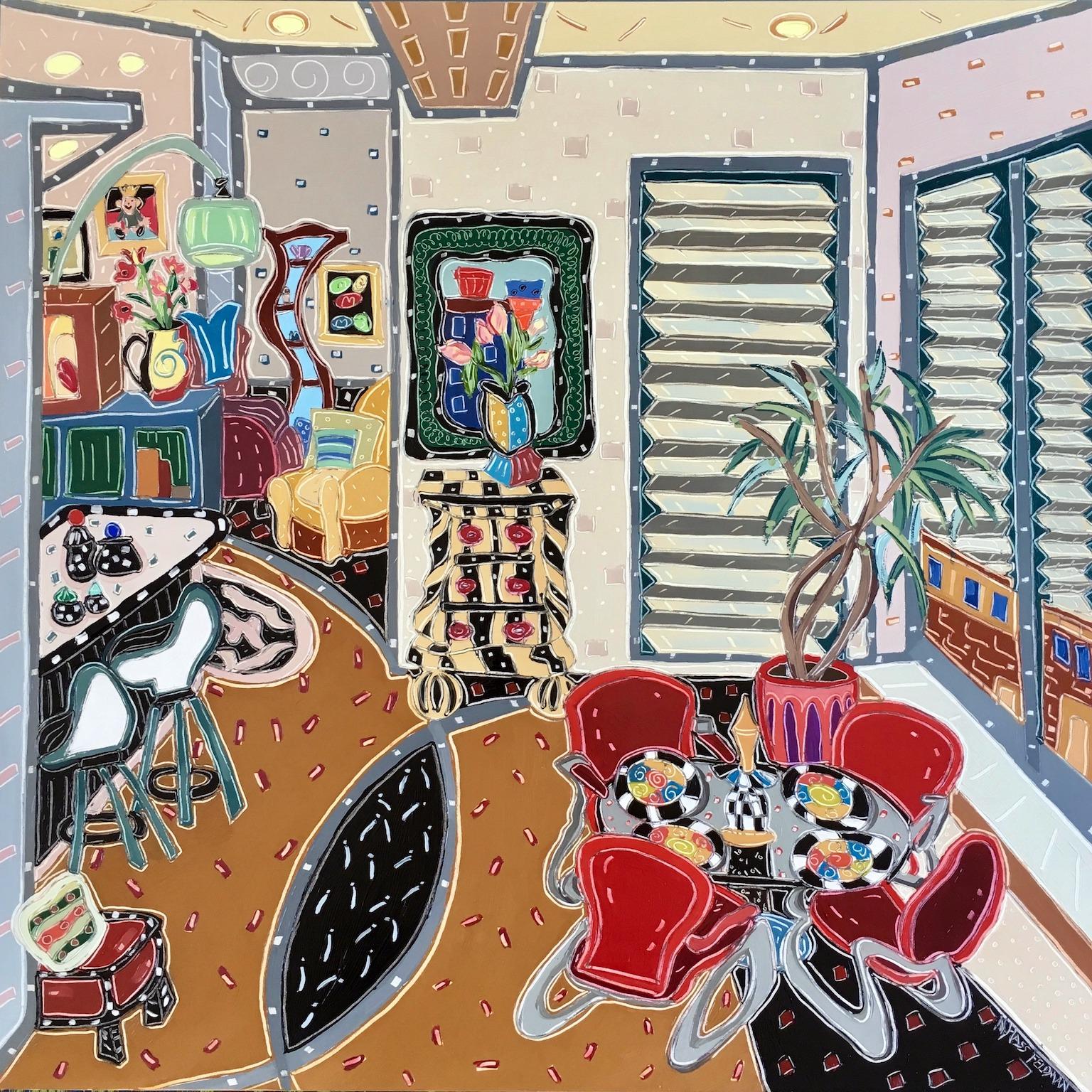 Nan Hass Feldman Interior Painting - Colorful Apartment Interior with Venetian Blinds. Title - Pied-á-Terre in Boston