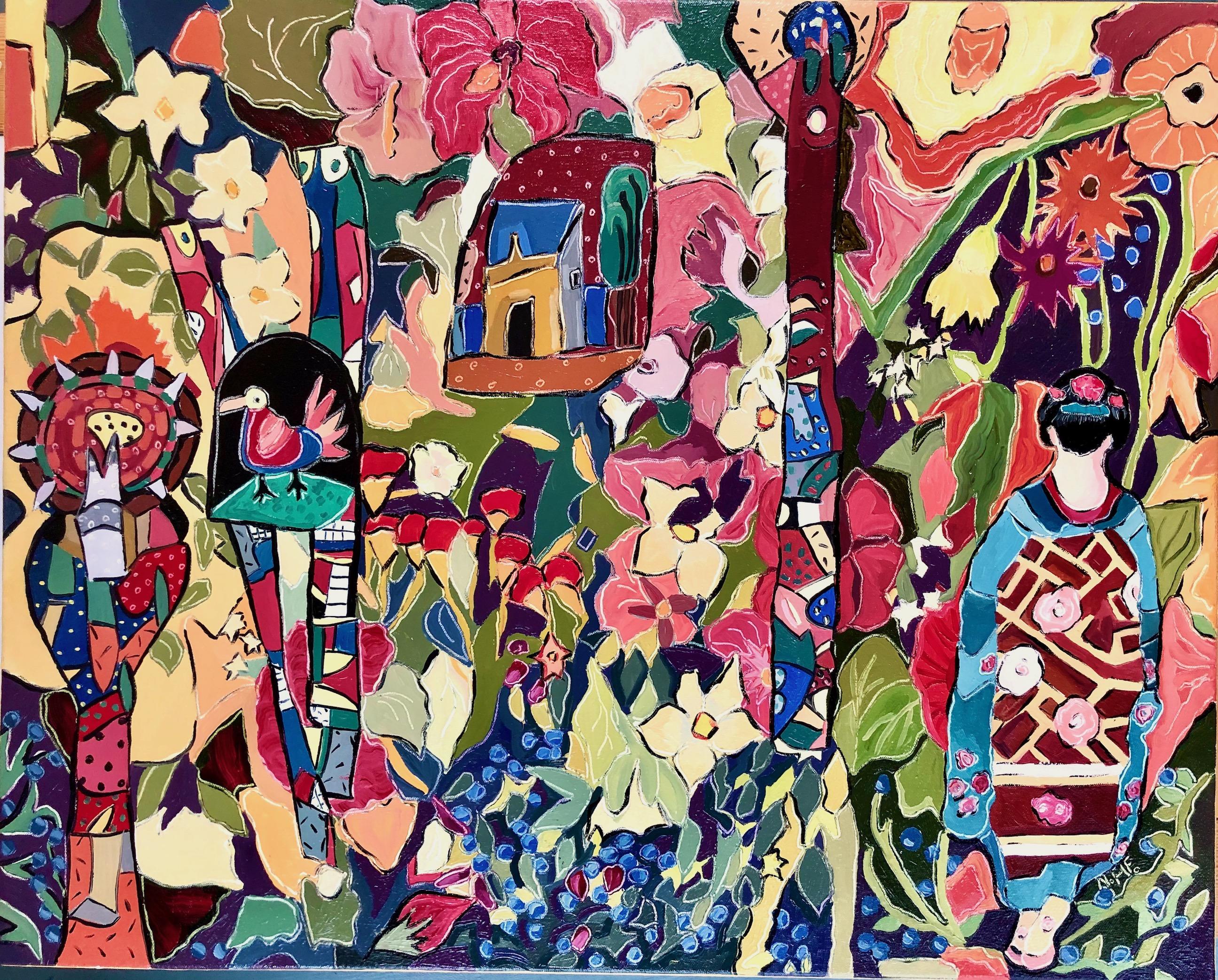 Nan Hass Feldman Abstract Painting - "Culture Garden", landscape, bold, pinks, reds, blues, oil painting