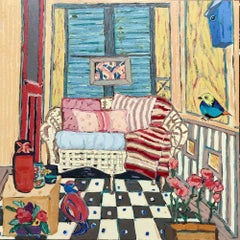 "Darwin and Gwen on the Porch", acrylic painting, pinks, yellows, reds, blues