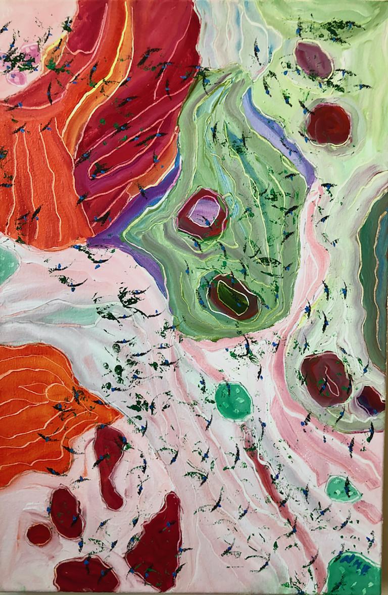 Nan Hass Feldman Abstract Painting - "Diving and Falling", abstract, purple, red, green, oil painting