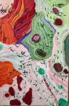 «Diving and Falling », abstrait, violet, rouge, vert, peinture à l'huile