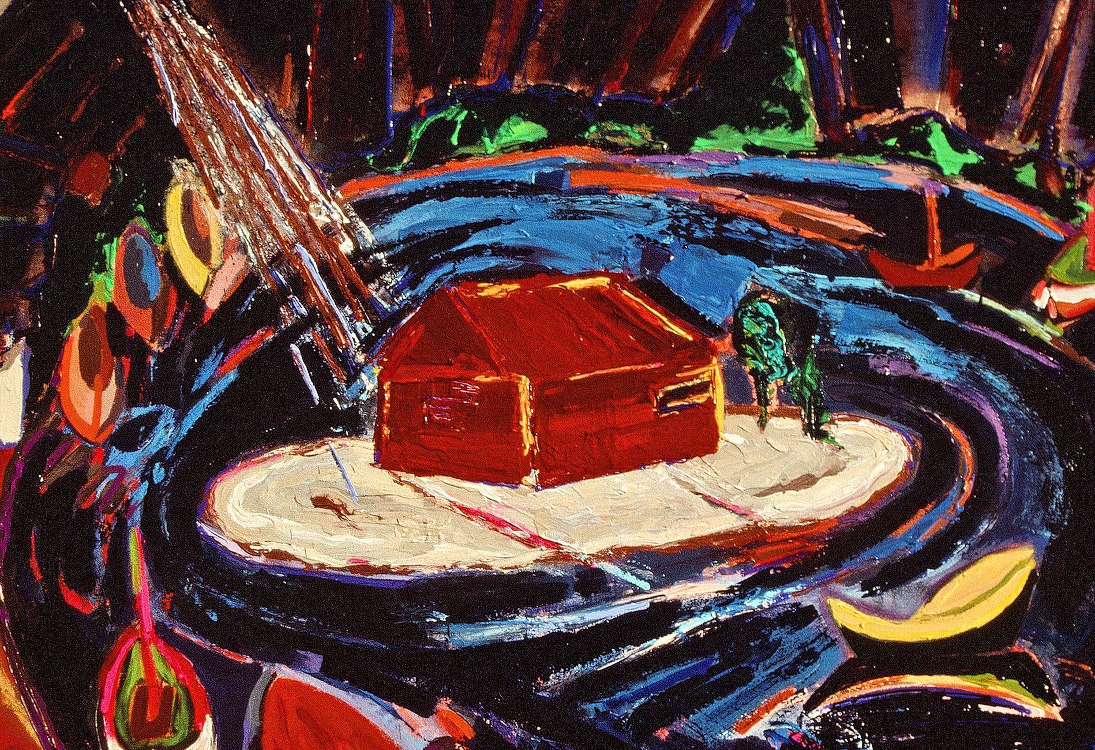 « Paysage à l'île », expressionniste, maison, bateaux, rouge, peinture acrylique - Painting de Nan Hass Feldman