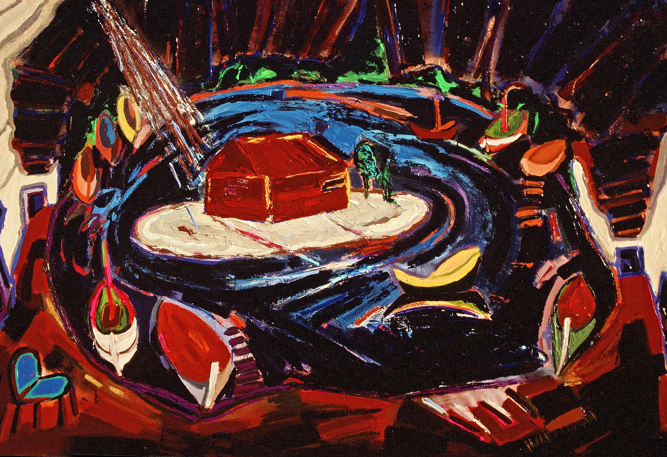 Landscape Painting Nan Hass Feldman - « Paysage à l'île », expressionniste, maison, bateaux, rouge, peinture acrylique