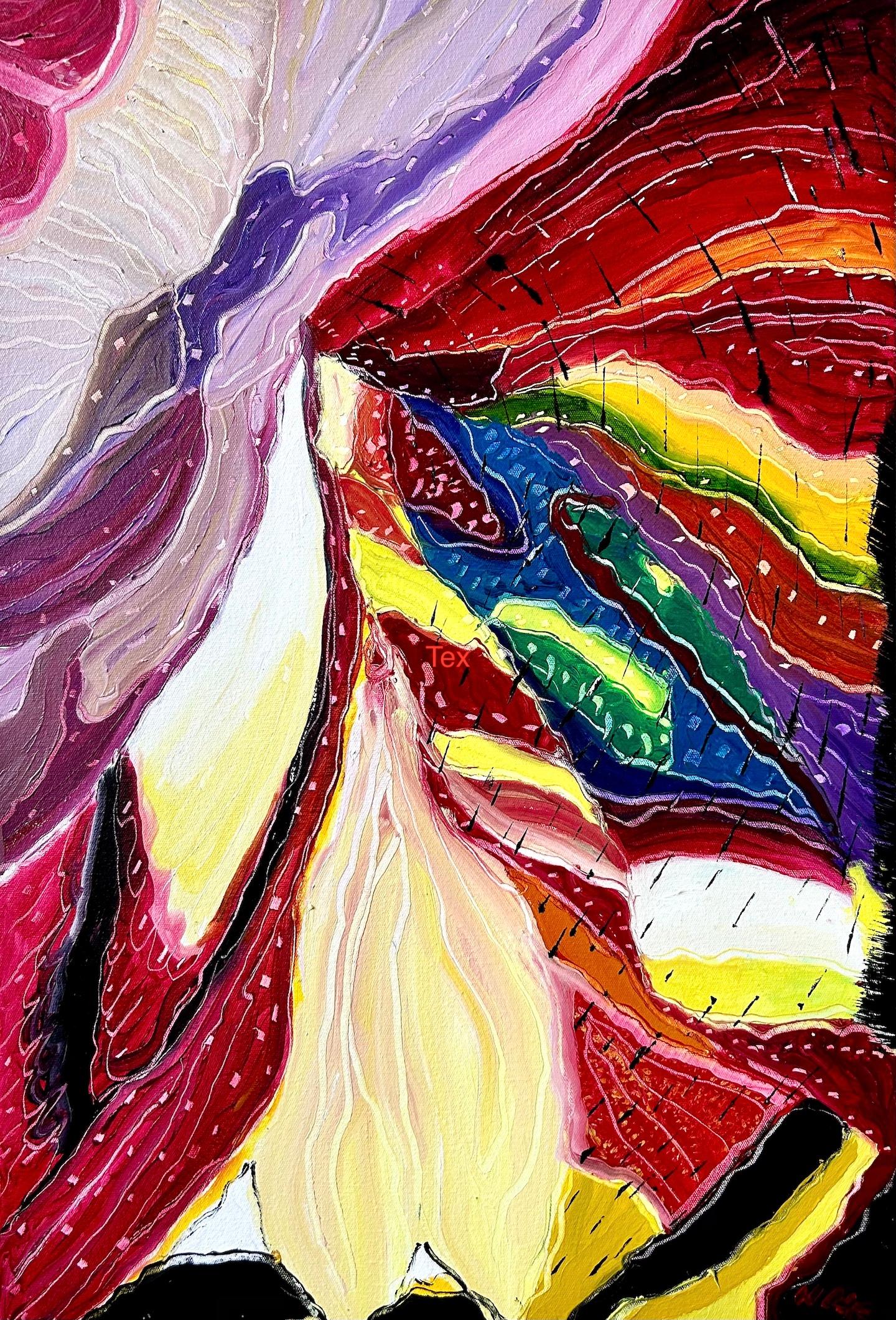 "Fiery Glacier", abstract, reds, purples, oranges, blues, oil painting - Painting by Nan Hass Feldman