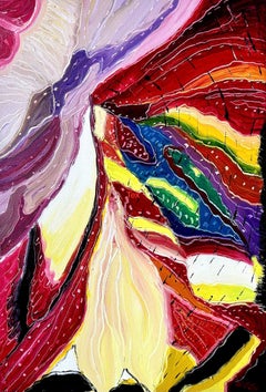 "Fiery Glacier", abstrait, rouges, violets, oranges, bleus, peinture à l'huile