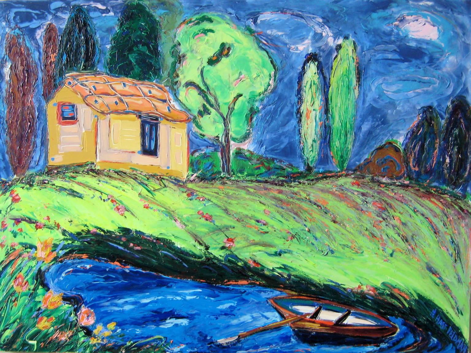 "First Green of Spring", landscape, garden, cottage, blues, acrylic painting - Painting by Nan Hass Feldman