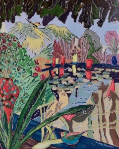 "Flora Searches for her Young", paysage, jardins, bleus, verts, peinture à l'huile