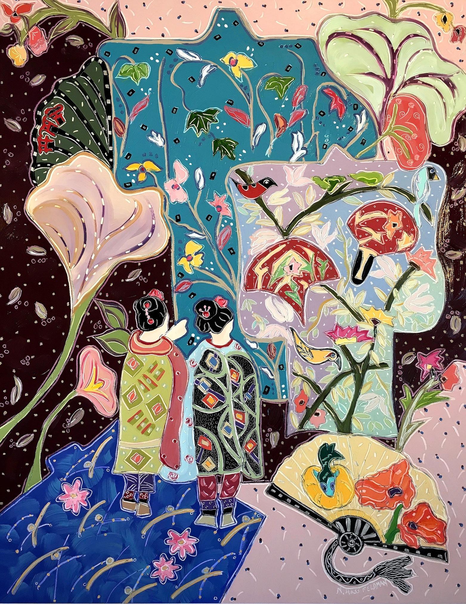"Friends in the Floating World", oiseaux, Japon, fleurs, peinture à l'huile, bleu