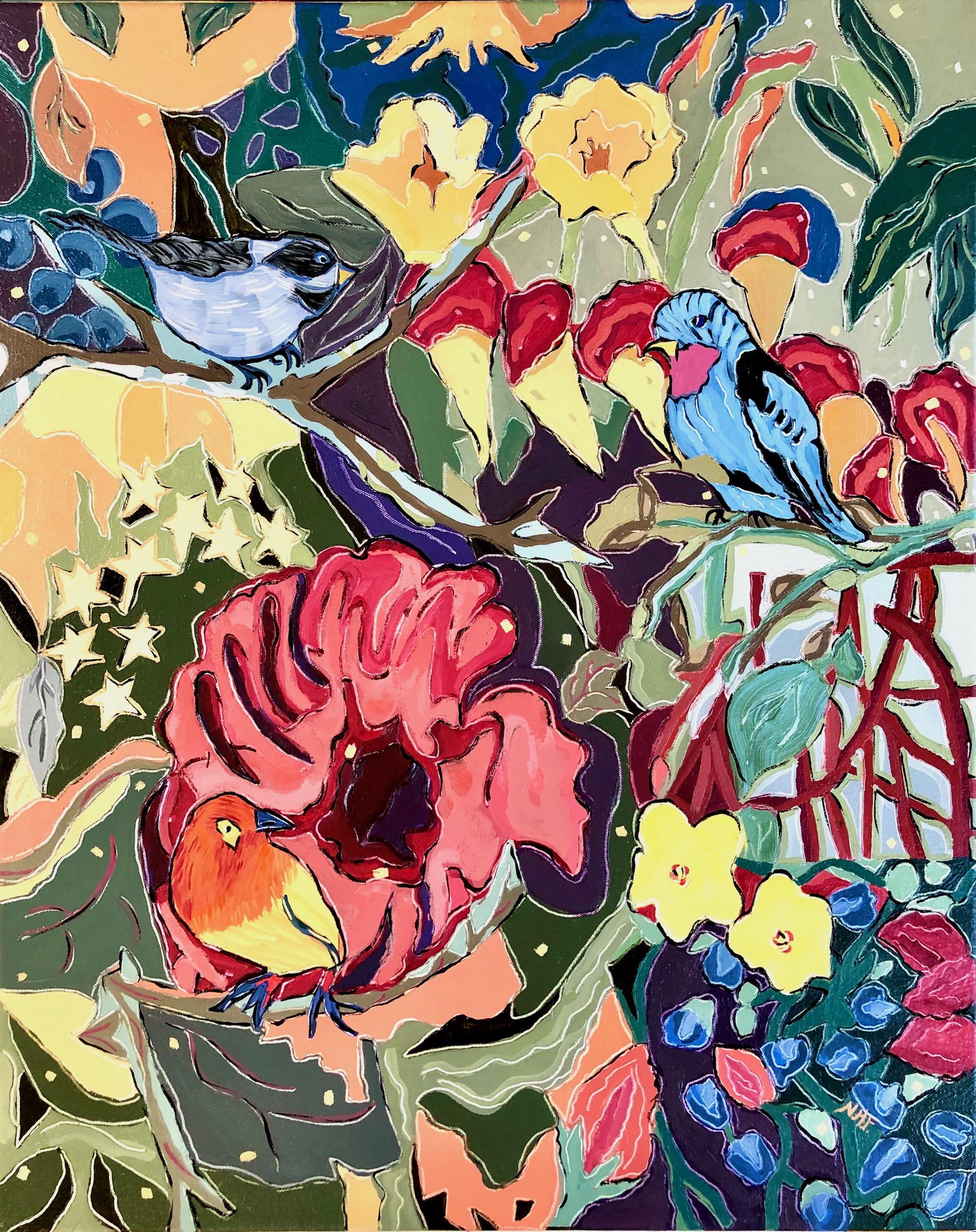 "He Wants to Give His Up Thoughts of Another", oil painting, birds, flowers, red - Painting by Nan Hass Feldman