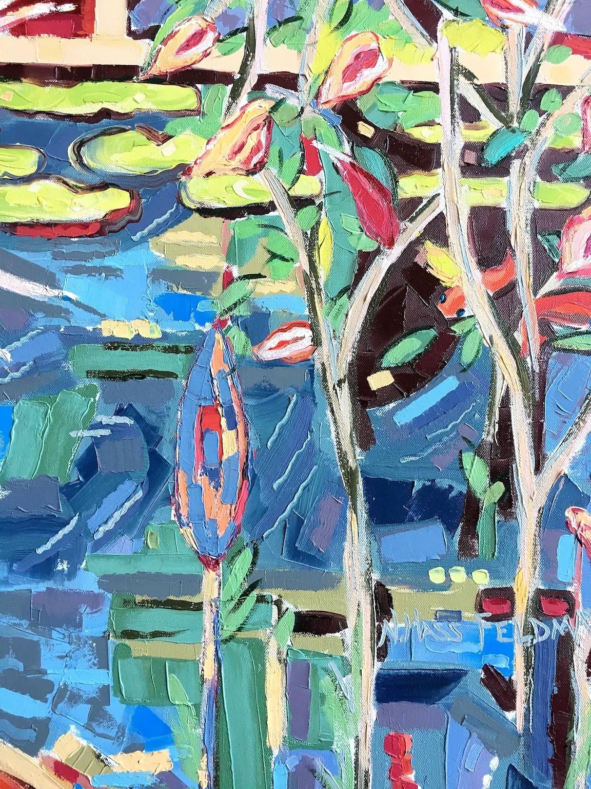 Nan Hass Feldman’s “Into the Pond #1” is a colorful highly textured oil painting on canvas of a pond with lily pads, water, flowers and fish, thick with strokes and patterns in various reds, crimson, blues, and greens. Part of the “Botanical Garden”