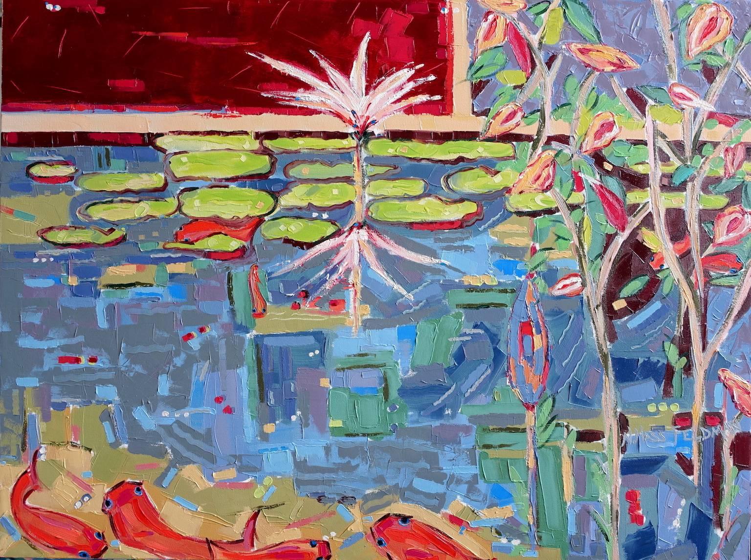 "Into the Pond 1", contemporary, water, flowers, fish, reds, blues, oil painting - Painting by Nan Hass Feldman