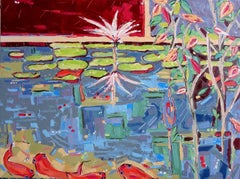 "Into the Pond 1", contemporary, water, flowers, fish, reds, blues, oil painting