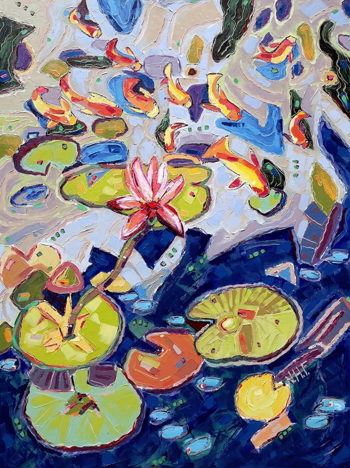 Nan Hass Feldman Landscape Painting - "Into the Pond 3", oil painting, landscape, fish, blue, red, orange, yellow