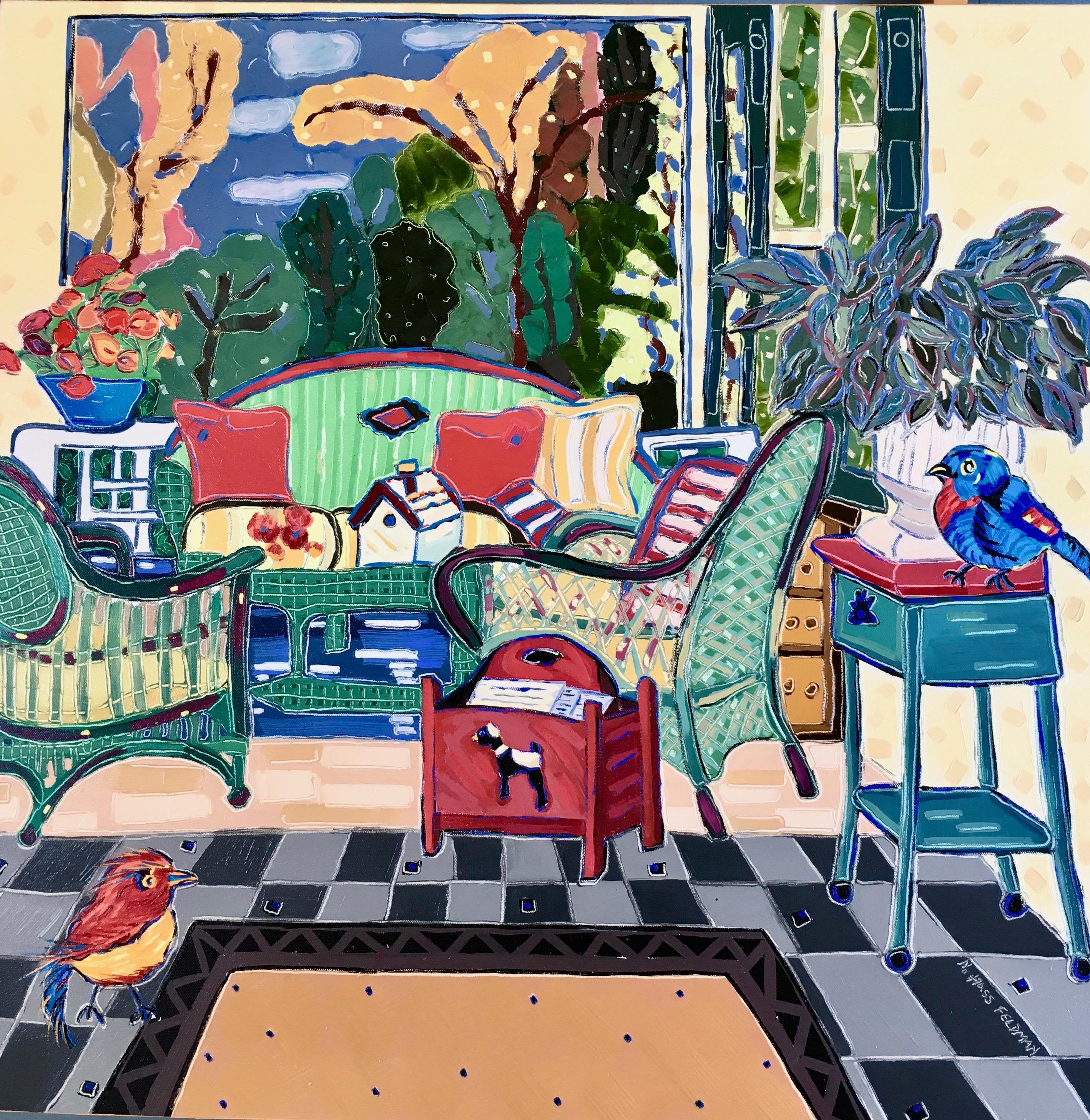 Nan Hass Feldman's “Jodi and Sam Gaze at the Birdhouse" is a 30 x 30 x 2 inch oil painting on canvas that is from The Interiors series inspired by a visits to the homes of various friends and recommendations of friends to paint my interpretations of