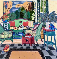 "Jodi and Sam Gaze at the Birdhouse", Nan Hass Feldman, oil, interior, red, blue