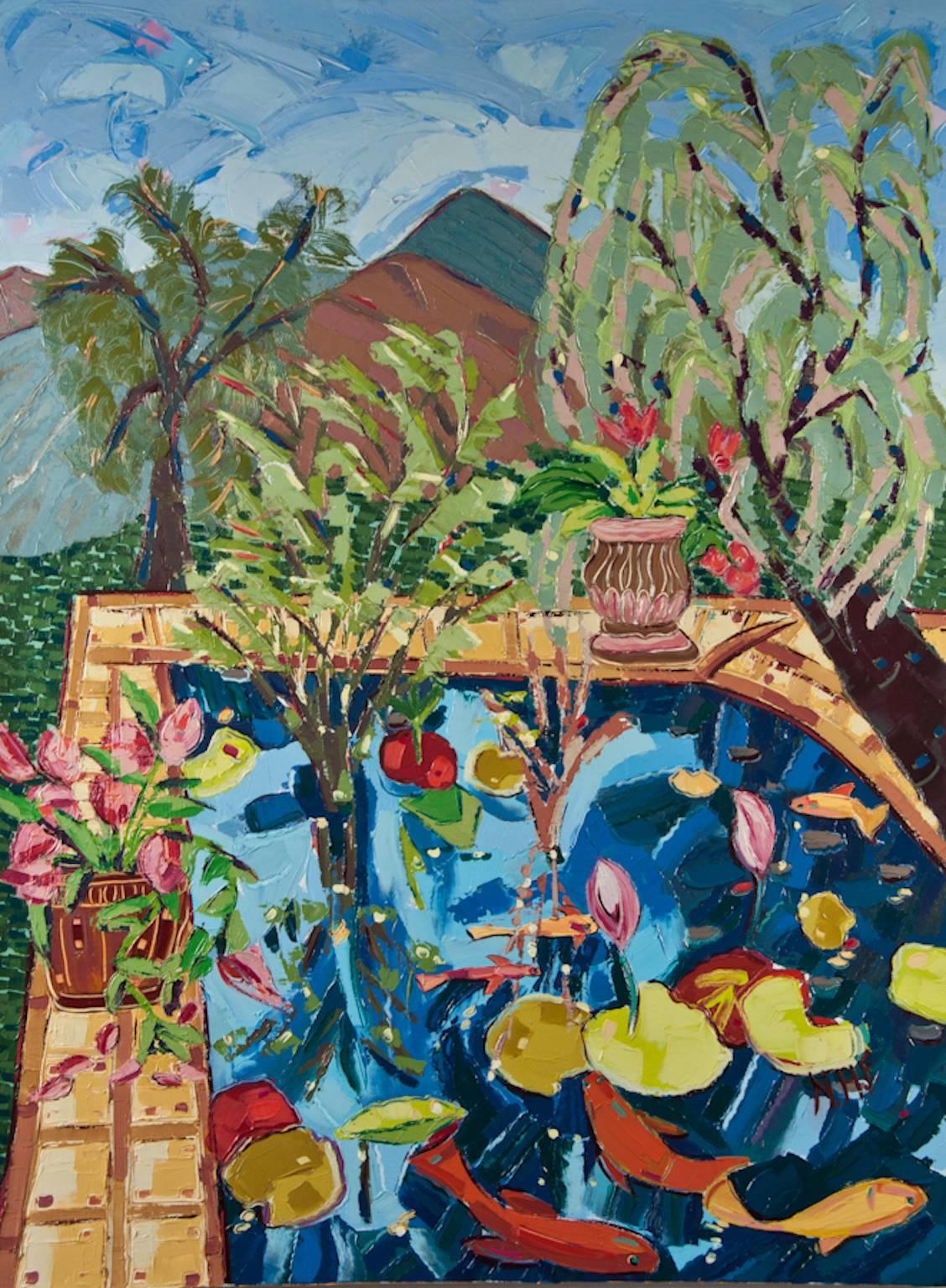 Nan Hass Feldman Landscape Painting - "Lily Pond in the Mountains", landscape, fish, blues, greens, reds, oil painting