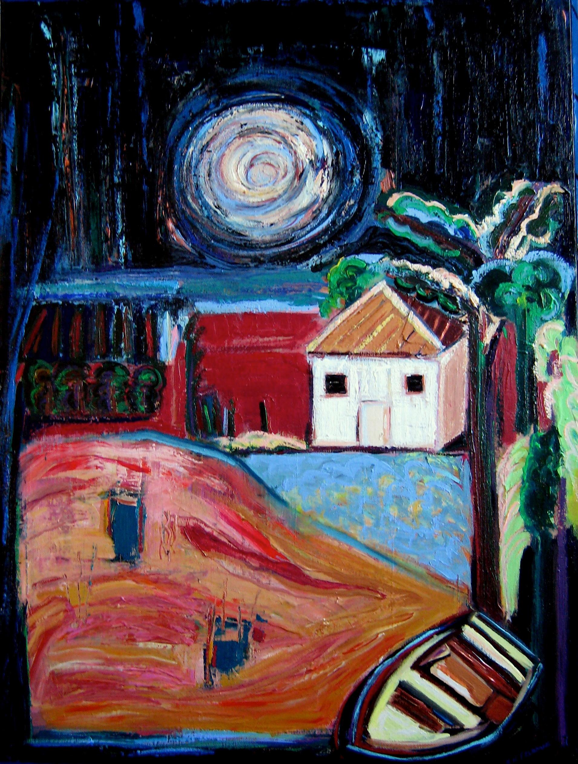 Nan Hass Feldman Landscape Painting - "Night Message", expressionist, house, boat, moon, red, black, acrylic painting