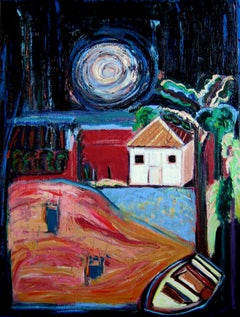 « Huit messages », expressionniste, maison, bateau, lune, rouge, noir, peinture acrylique