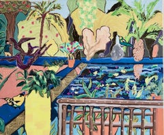 « Oliver Sings to the Trees », paysage, jardins, bleus, peinture à l'huile