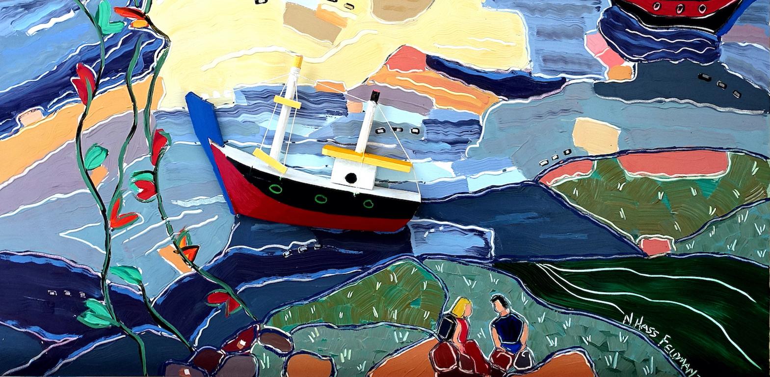 « Picnic in Valparaiso », paysage, ville, Chili, bateaux, bleu, rouge, peinture à l'huile - Contemporain Painting par Nan Hass Feldman