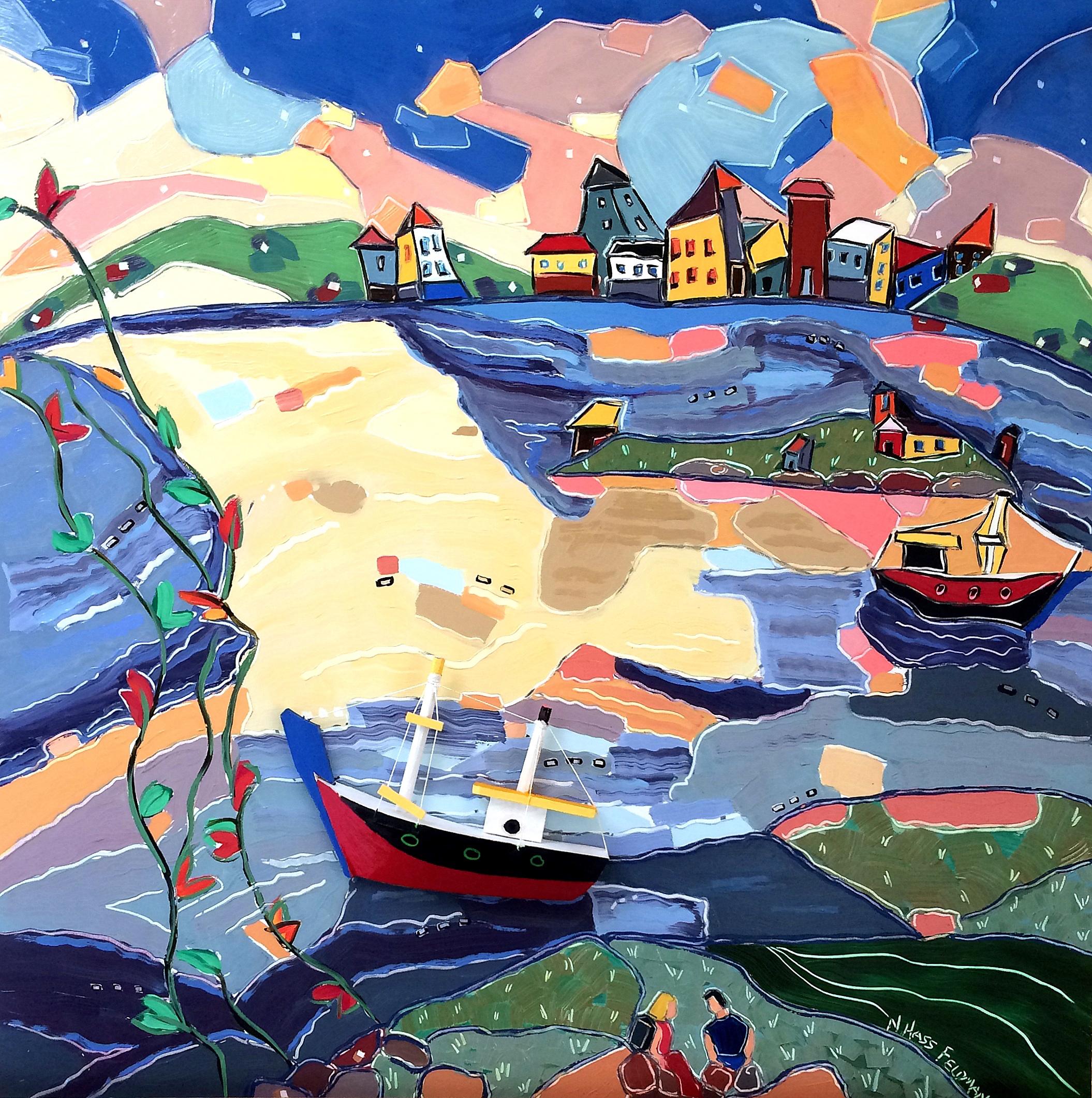 "Picnic in Valparaiso", landscape, city, Chile, boats, blue, red, oil painting - Painting by Nan Hass Feldman