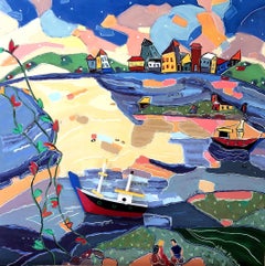 "Picnic in Valparaiso", oil painting, landscape, city, Chile, boats, blue, red
