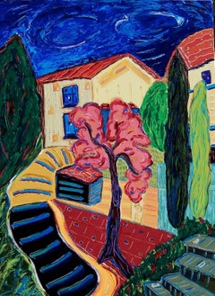 « Pink Tree in Dieulefit », paysage, rouges, bleus, jaunes, peinture acrylique