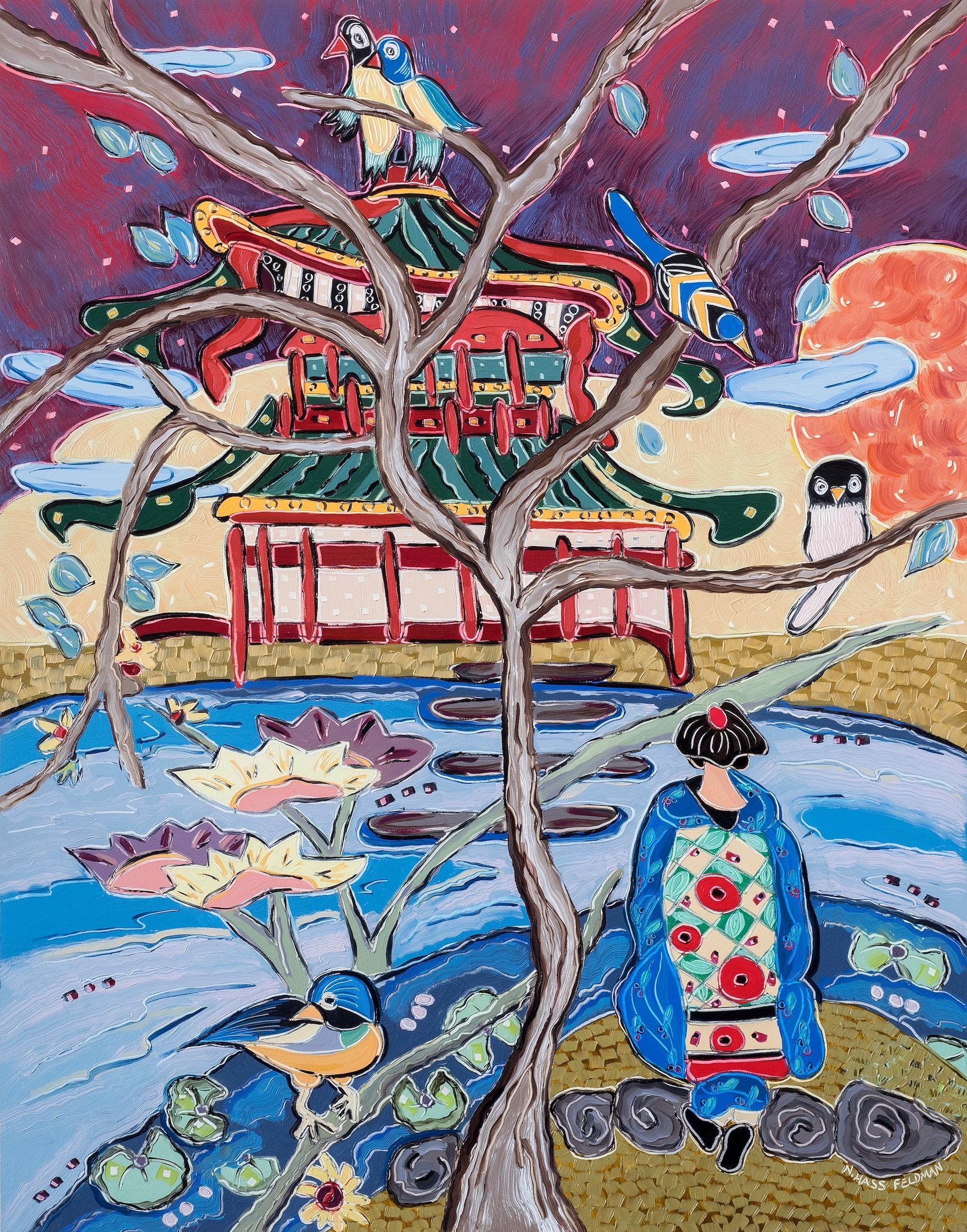 "Princess Akane Prepares to Ford the Sacred Stream", oil painting, Japan - Painting by Nan Hass Feldman