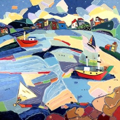 « Ships Passing », paysage, ville, Chili, bateaux, bleu, rouge, vert, peinture à l'huile