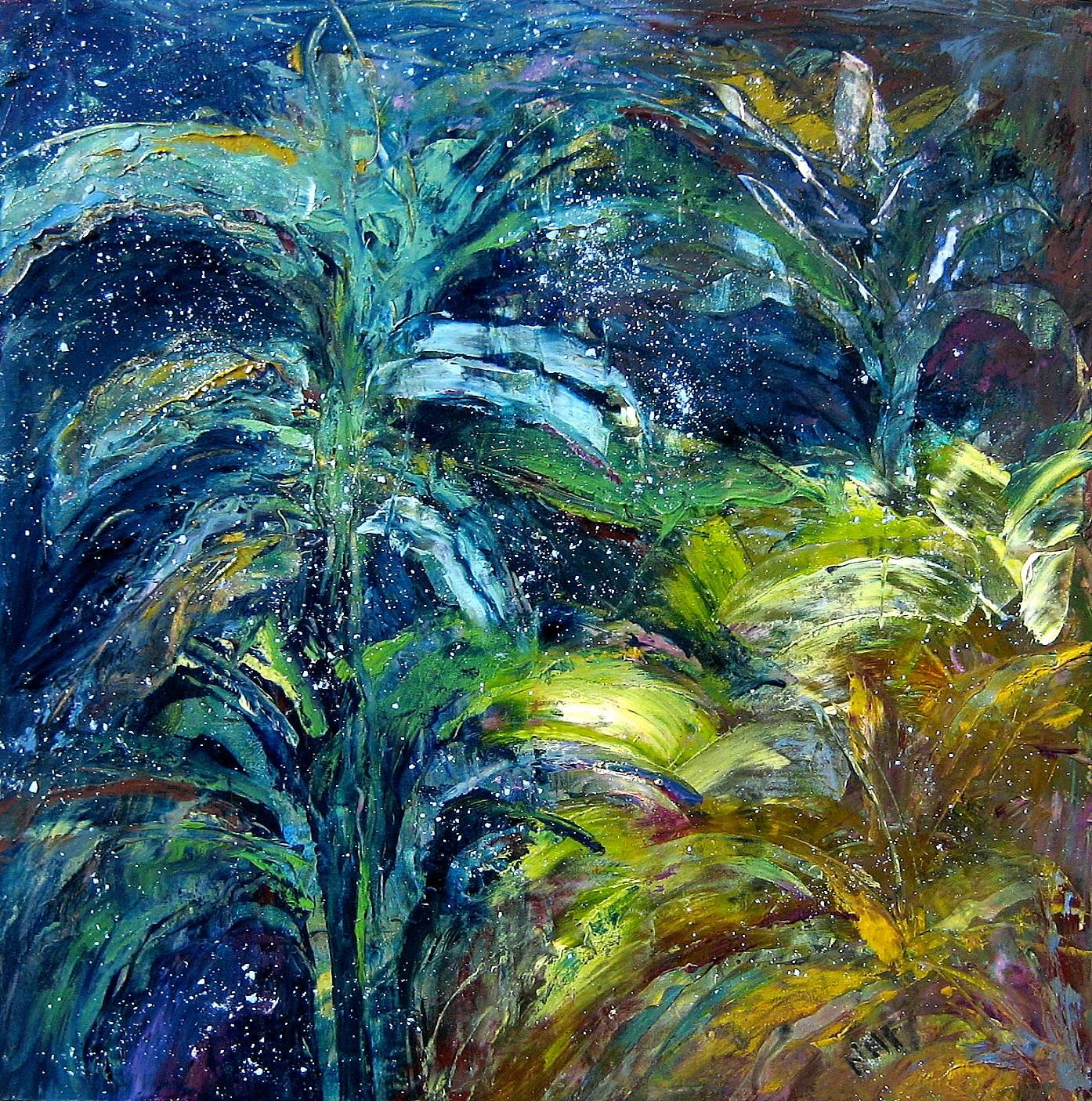 "Stars Above the Garden", expressionist, blues, greens, yellows, oil painting