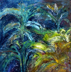 "Estrellas sobre el jardín", expresionista, azules, verdes, amarillos, óleo