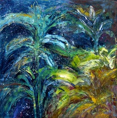 "Étoiles au-dessus du jardin", expressionniste, bleu, verts, jaunes, peinture à l'huile