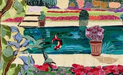 "Strange Pleasures in Overcast Weather", garden, pond, birds, pond, oil painting
