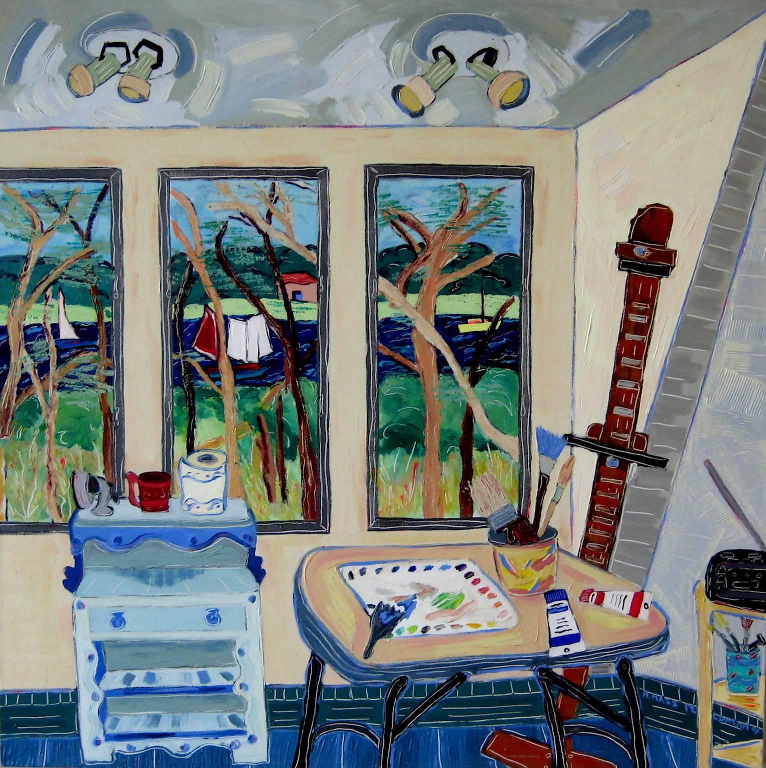 "Studio View Towards the Marsh", interior, blues, greens, reds, acrylic painting - Painting by Nan Hass Feldman