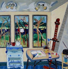 « Studio View Towards the Marsh », intérieur, bleus, verts, rouges, peinture à l'acrylique