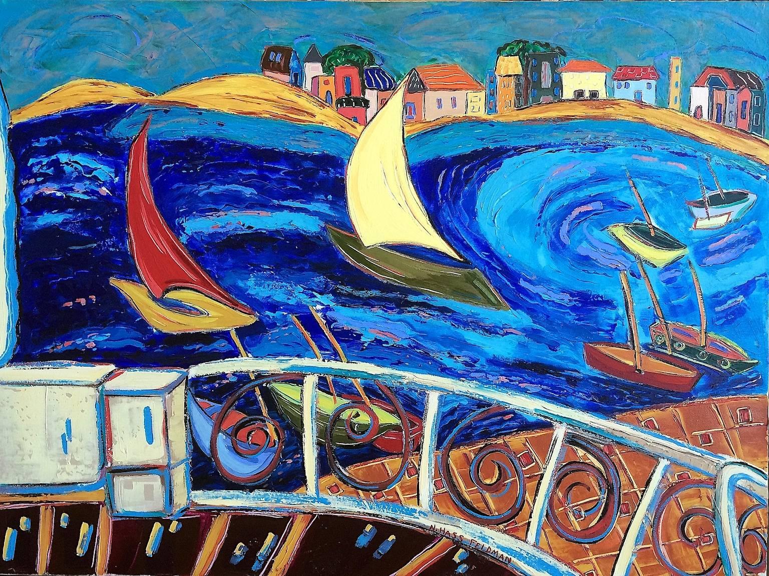 "Terrasse au-dessus du port", contemporaine, voiliers, bleus, peinture acrylique. - Painting de Nan Hass Feldman
