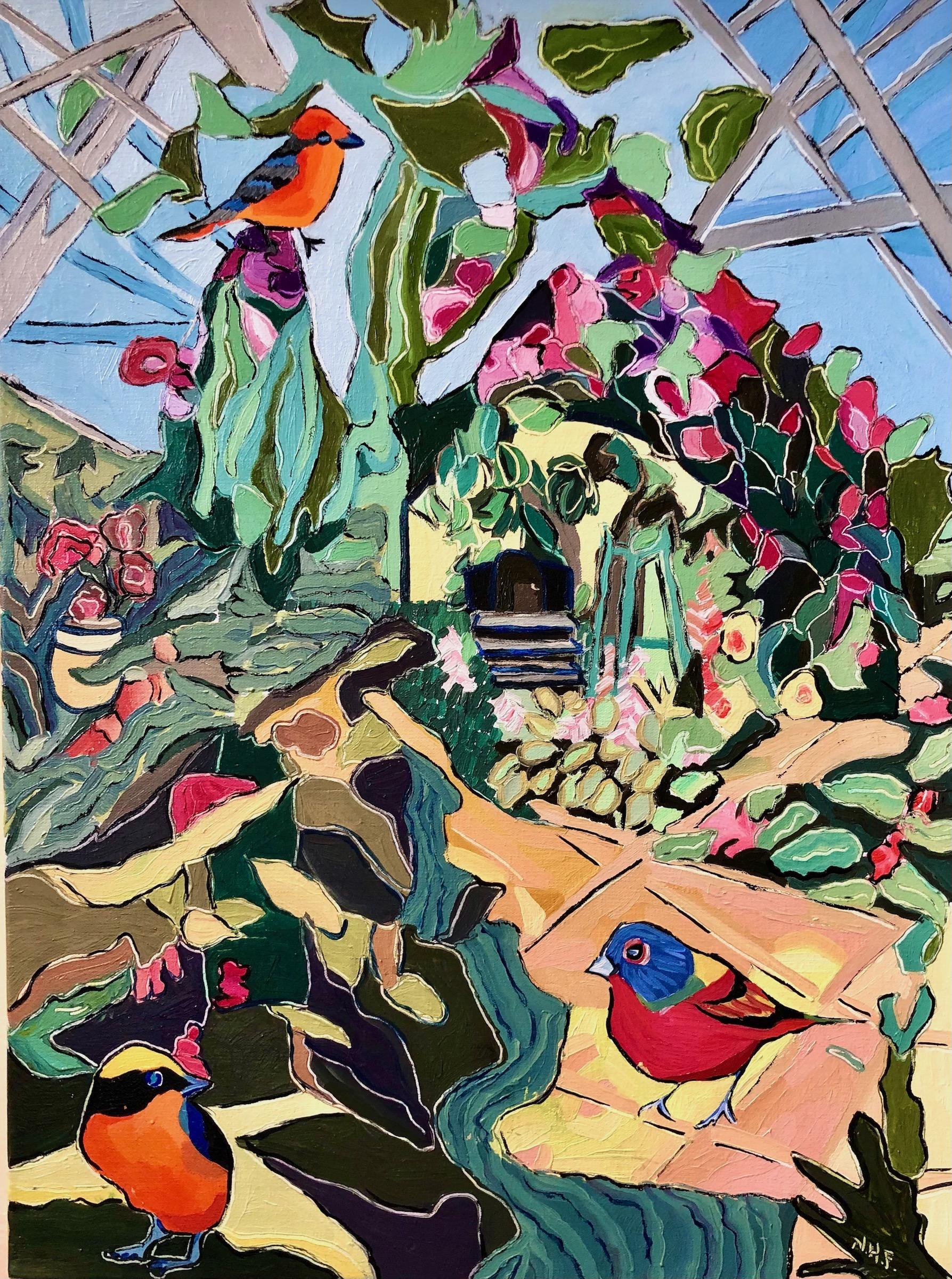 Nan Hass Feldman Landscape Painting - "The Birds Guard the Cave of Dreams", oil painting, landscape, botanical, garden