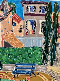 "The Blue Bench in Aix", expressionist, gardens, park, green, blue, oil painting