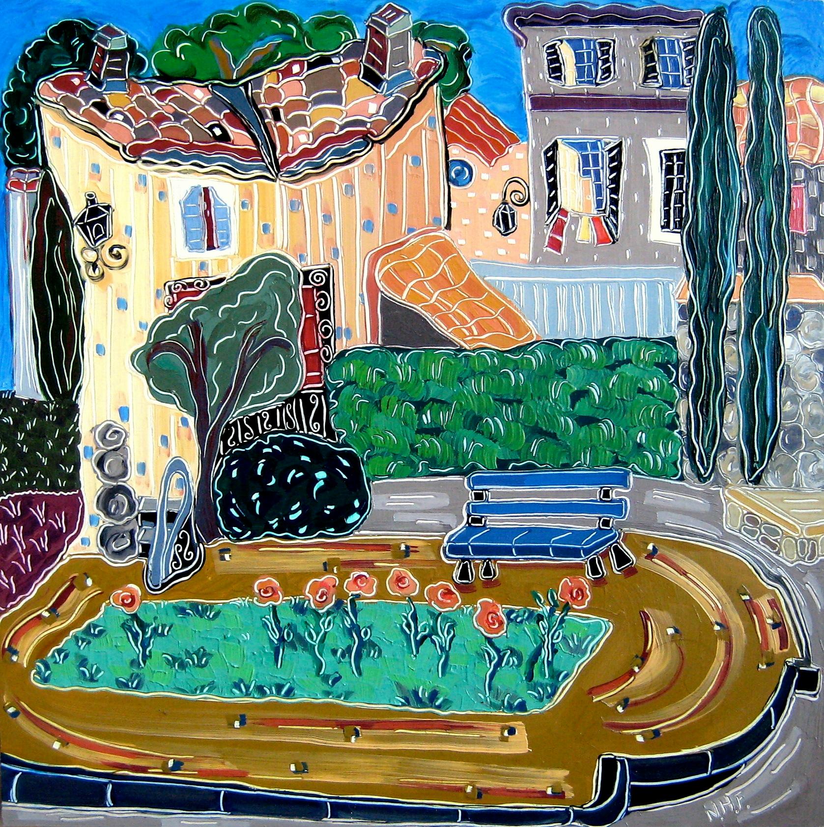 "The Blue Bench in Aix", expressionist, gardens, park, green, blue, oil painting - Painting by Nan Hass Feldman