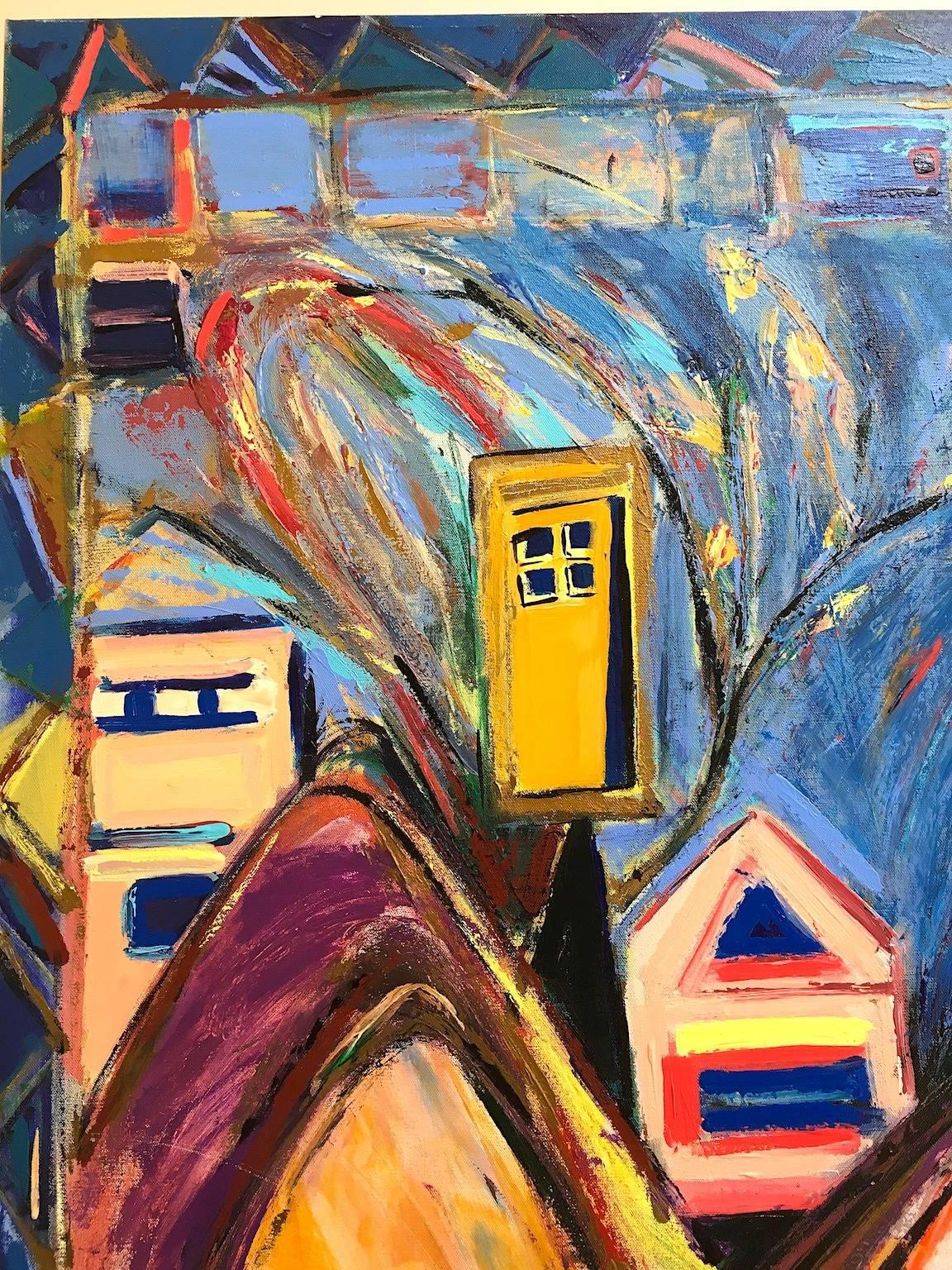 „Die Hügel sind lebendig“, Landschaft, Häuser, Berge, Acrylgemälde (Violett), Landscape Painting, von Nan Hass Feldman